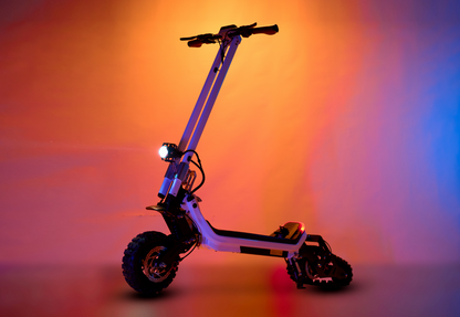 Riding’times G63 Convertible electric scooter lit in orange and blue studio light