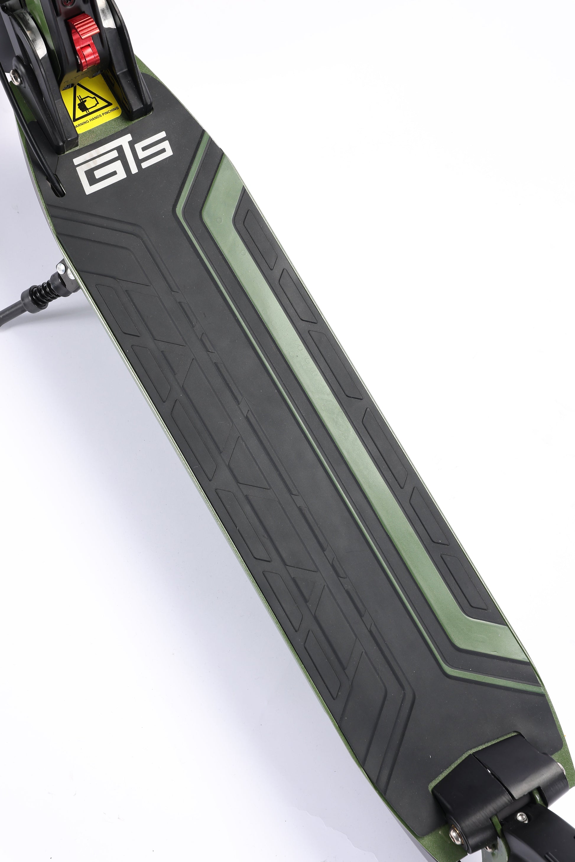 Close-up of a scooter deck with 'GTS' branding on a white background