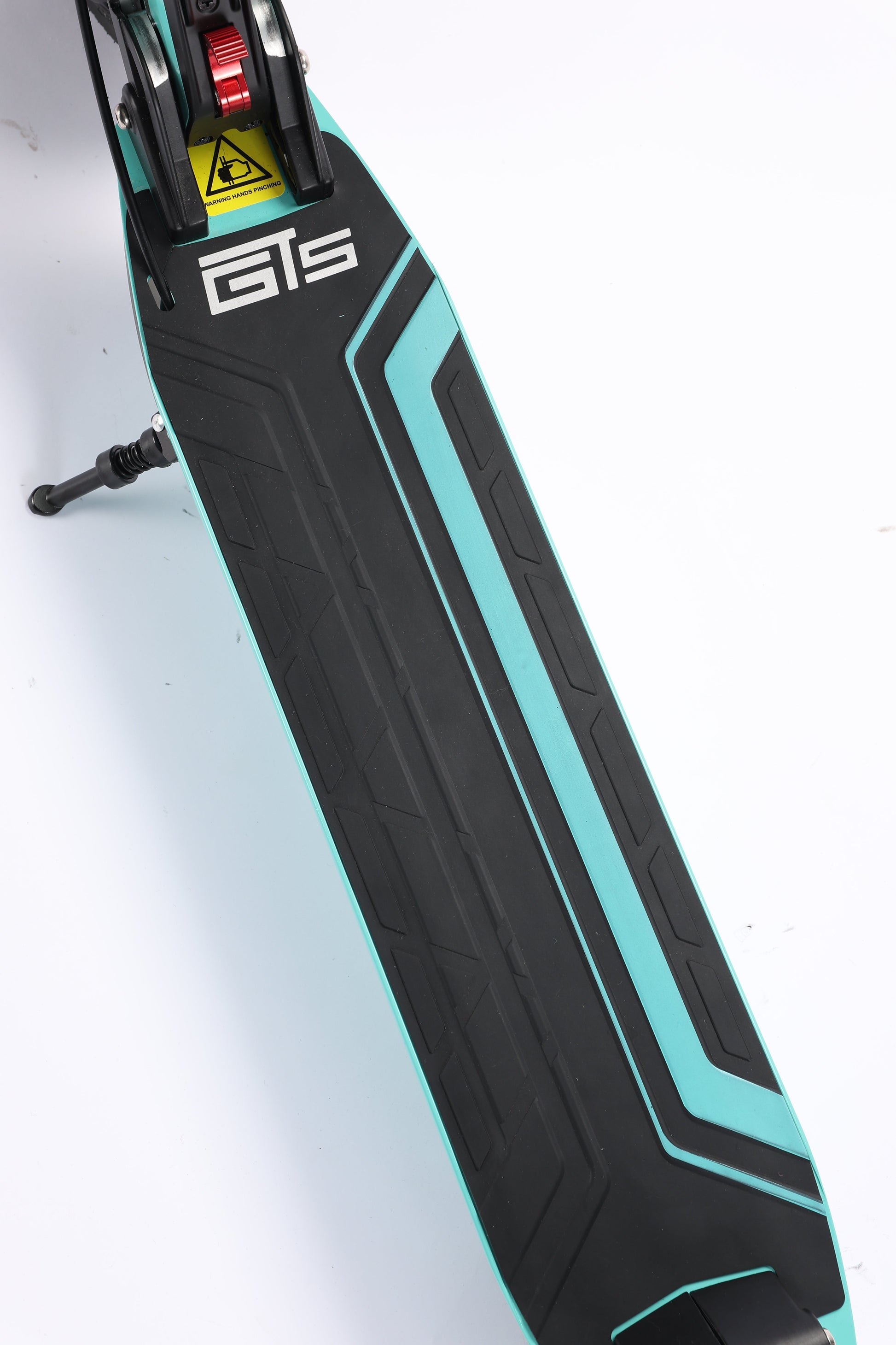 Close-up of a skateboard with a visible brand logo on a white background