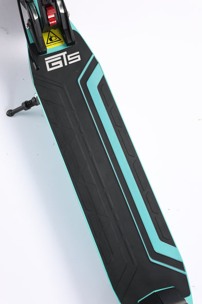 Close-up of a skateboard with a visible brand logo on a white background