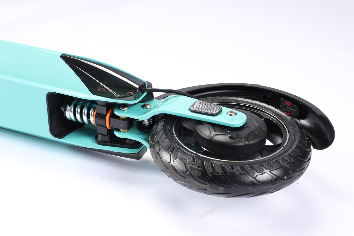 Teal scooter with black wheel on a white background