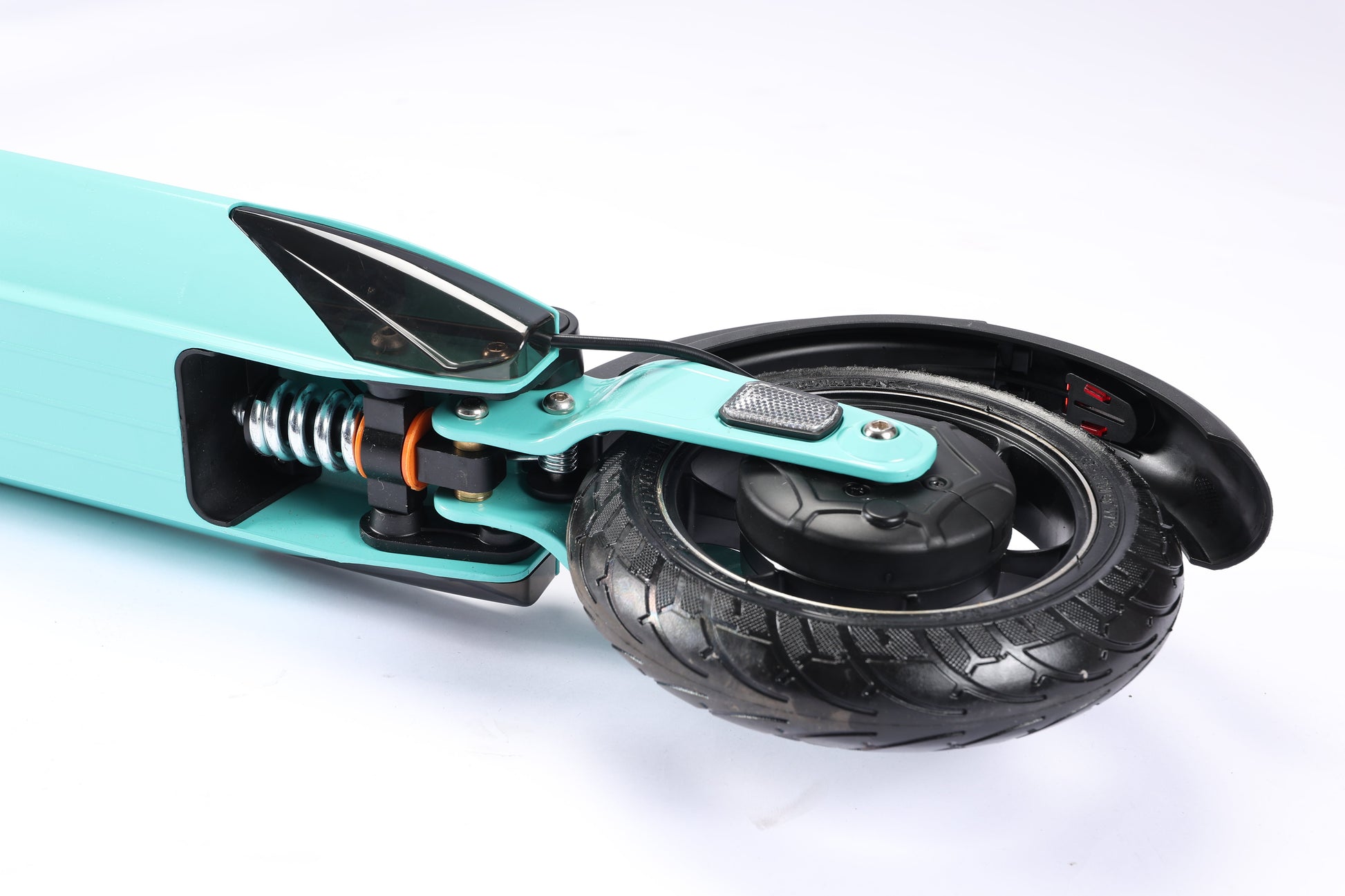 Teal scooter with black wheel on a white background