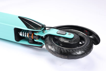 Teal scooter with black wheel on a white background