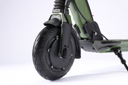 Close-up of a green electric scooter wheel on a white background