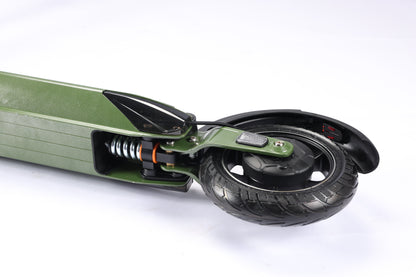 Close-up of a green scooter with a black wheel on a white background