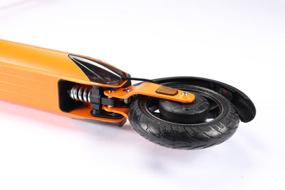 Close-up of an orange scooter with a black wheel on a white background