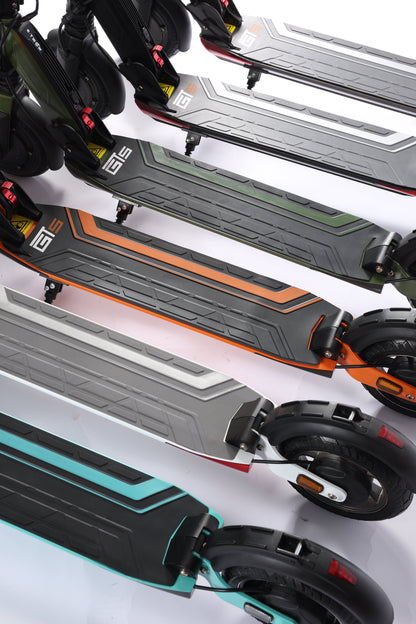 Row of electric scooters with different color options on a white background
