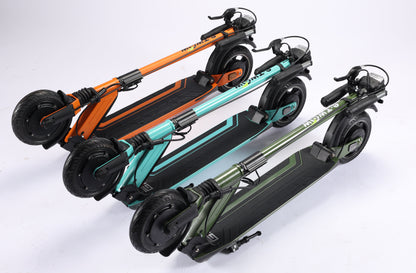Three folded electric scooters in orange, teal, and green on a white background