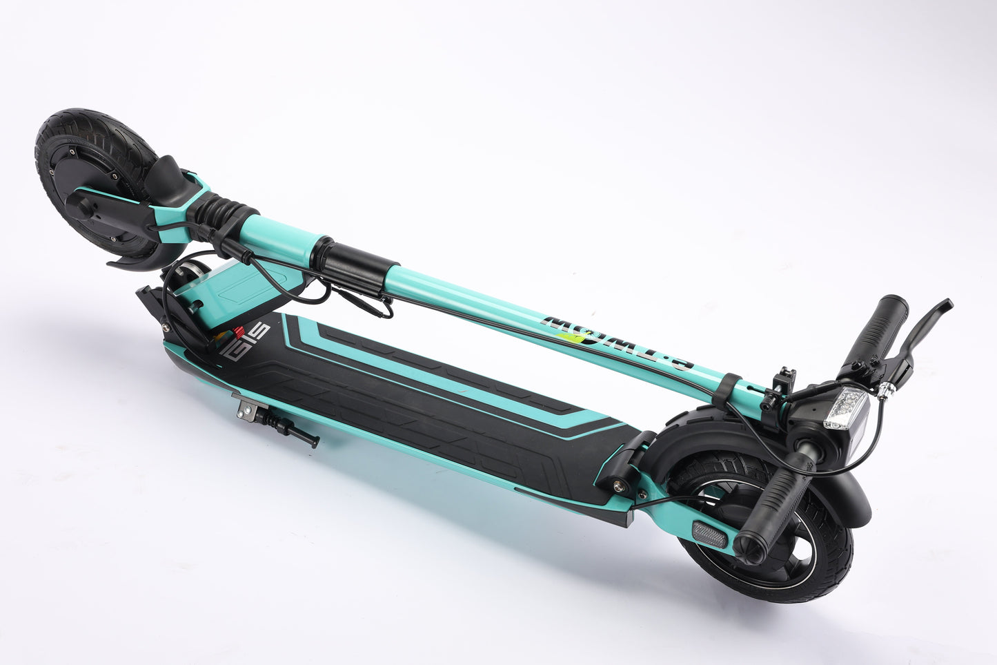Teal and black scooter on a white background