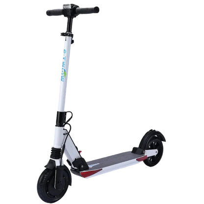 White electric scooter with black wheels on a white background