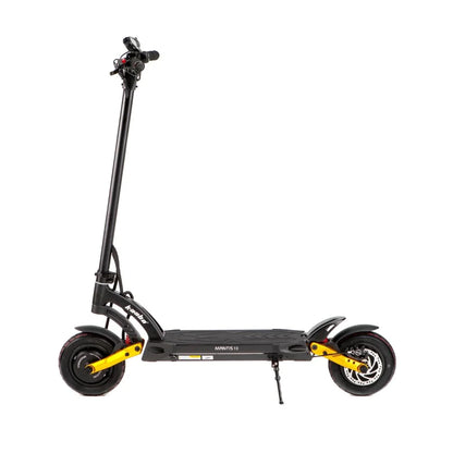 Black electric scooter with yellow accents on a white background