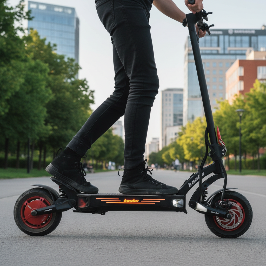 Person riding an electric scooter on a sidewalk with blurred background