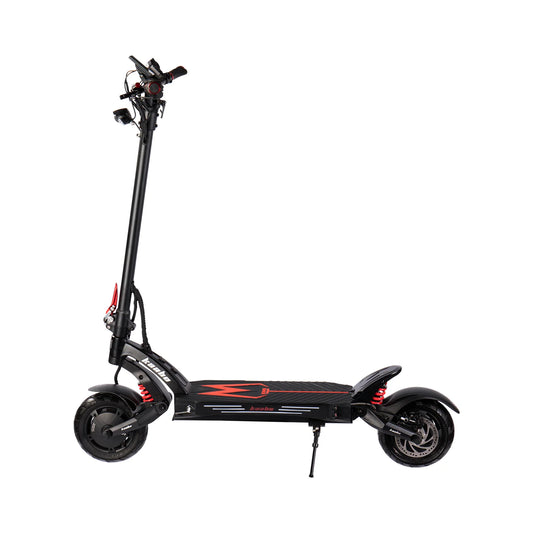 Black electric scooter with red accents on a white background