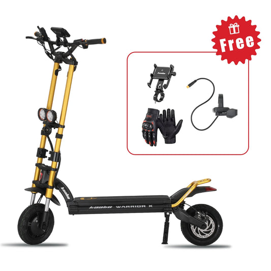 Yellow and black electric scooter with accessories on a white background