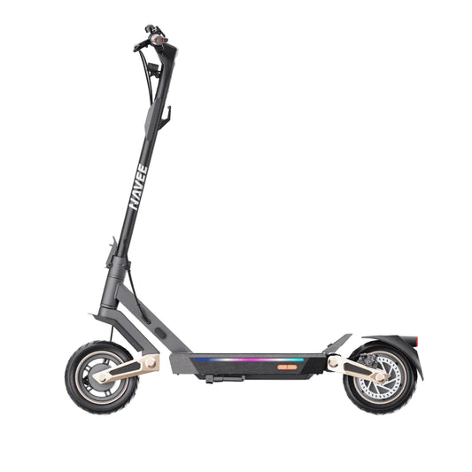 Black electric scooter with 'Navee' branding on a white background