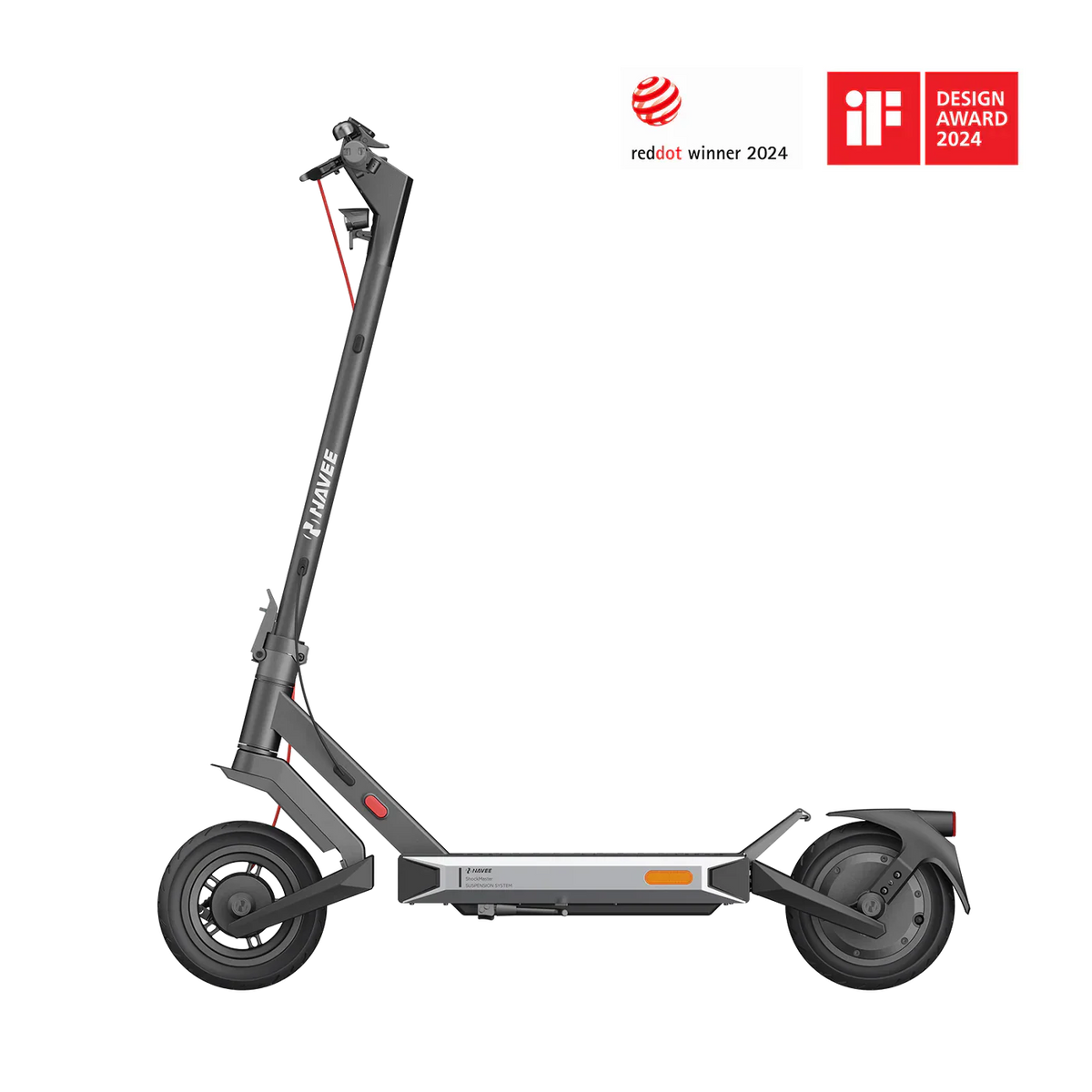 Gray electric scooter with design awards on a white background