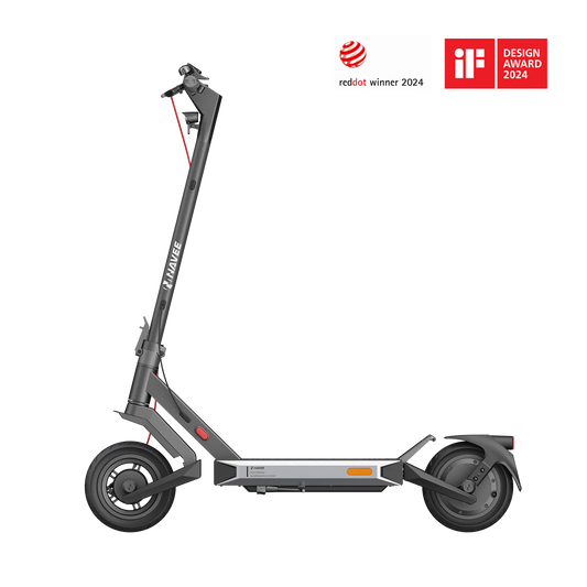 Gray electric scooter with design awards on a white background