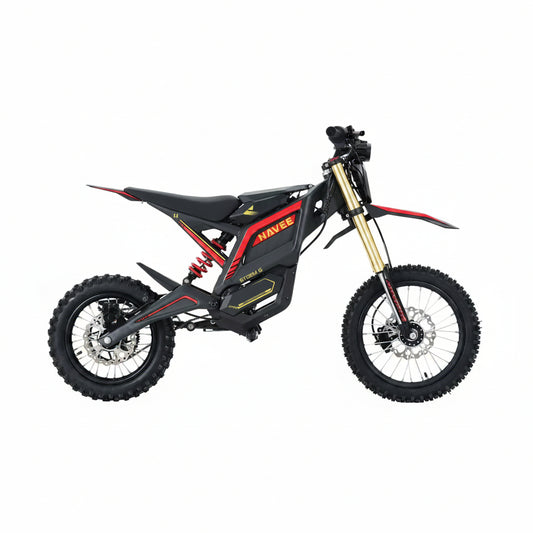 Black and red navee electric dirt bike on a white background