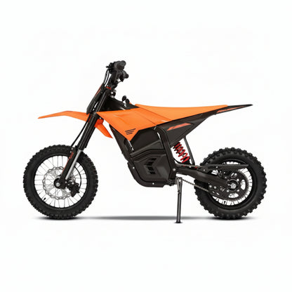 Orange and black electric bike on a light gray background.