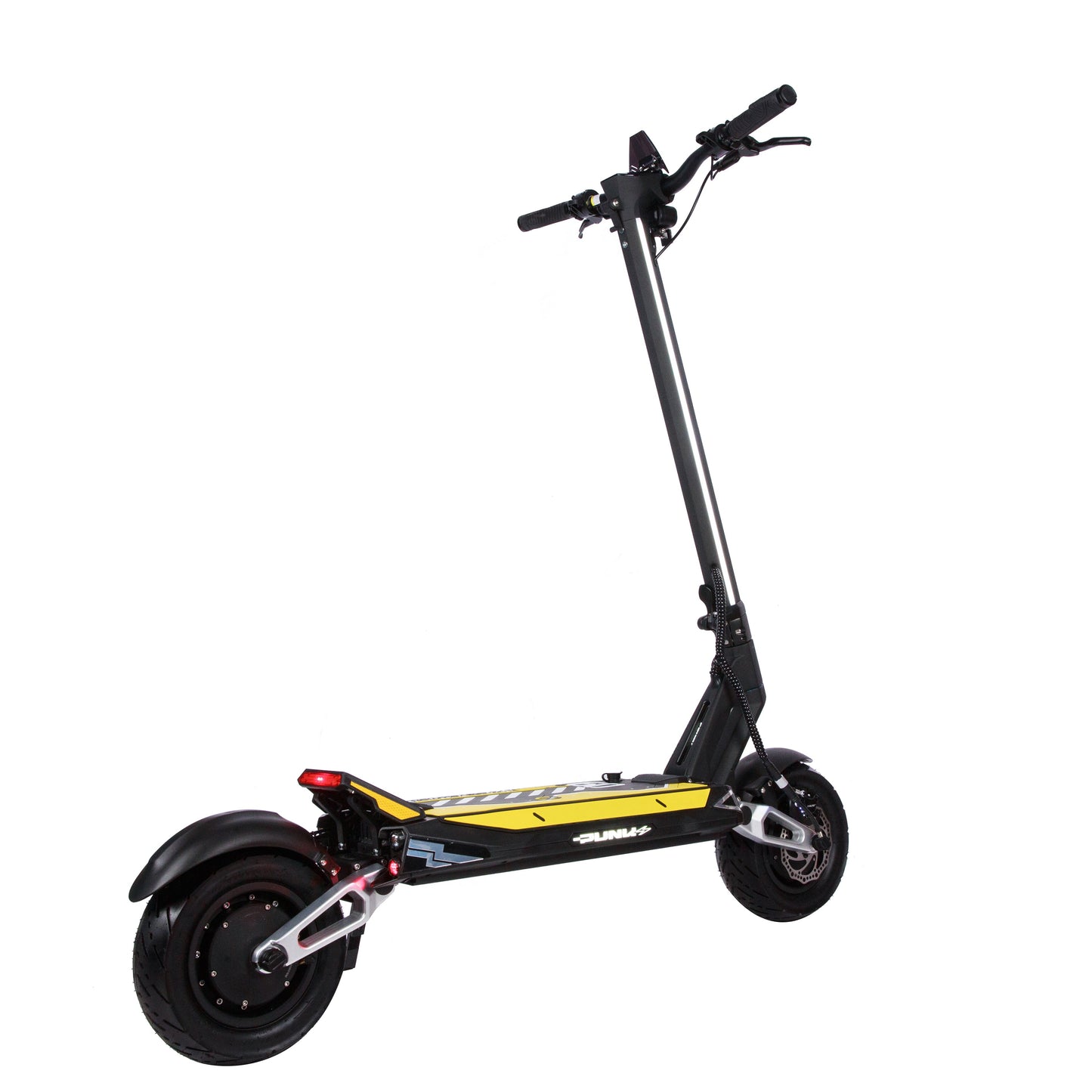 Black and yellow electric scooter on a white background