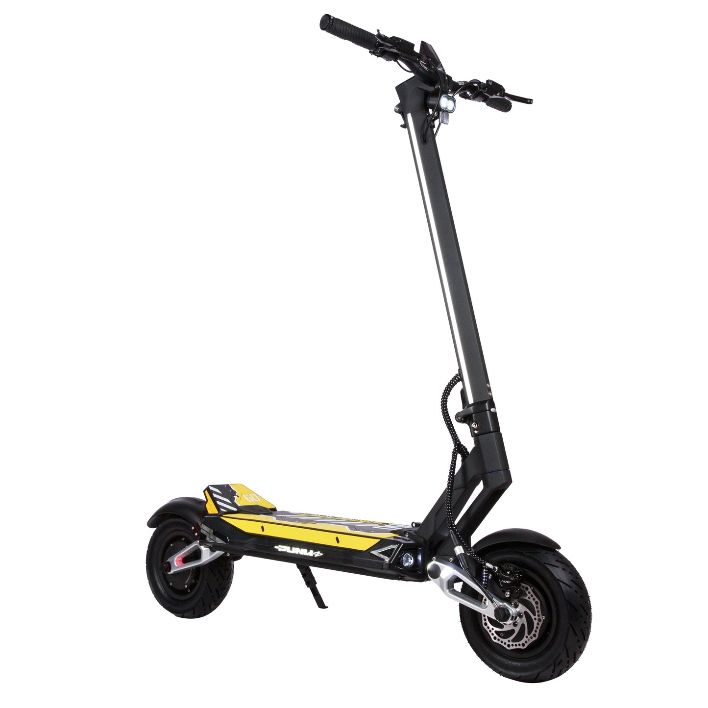 Black and yellow electric scooter on a white background