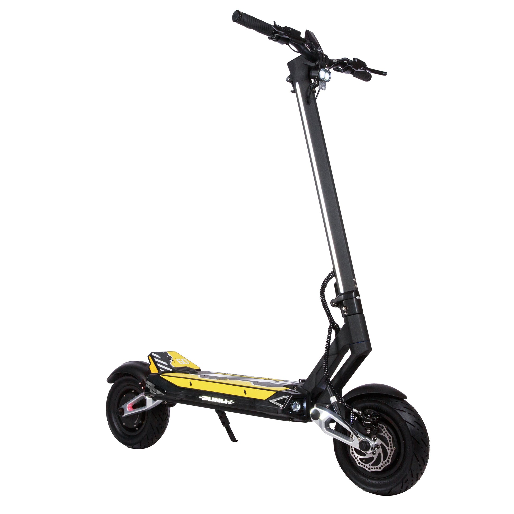 Black and yellow electric scooter on a white background