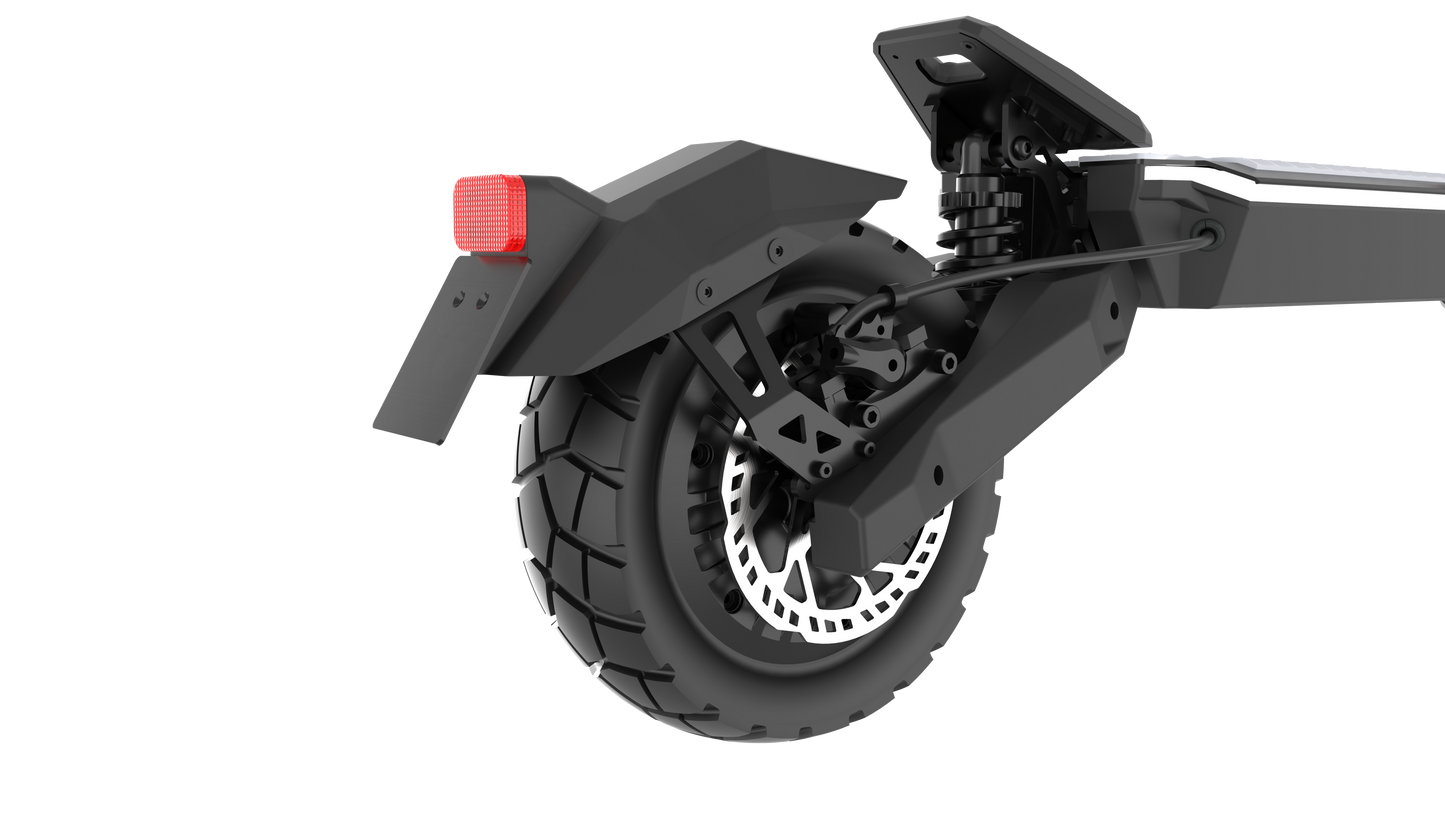 Black Punk Roamer Electric Scooter wheel with suspension fork on a white background