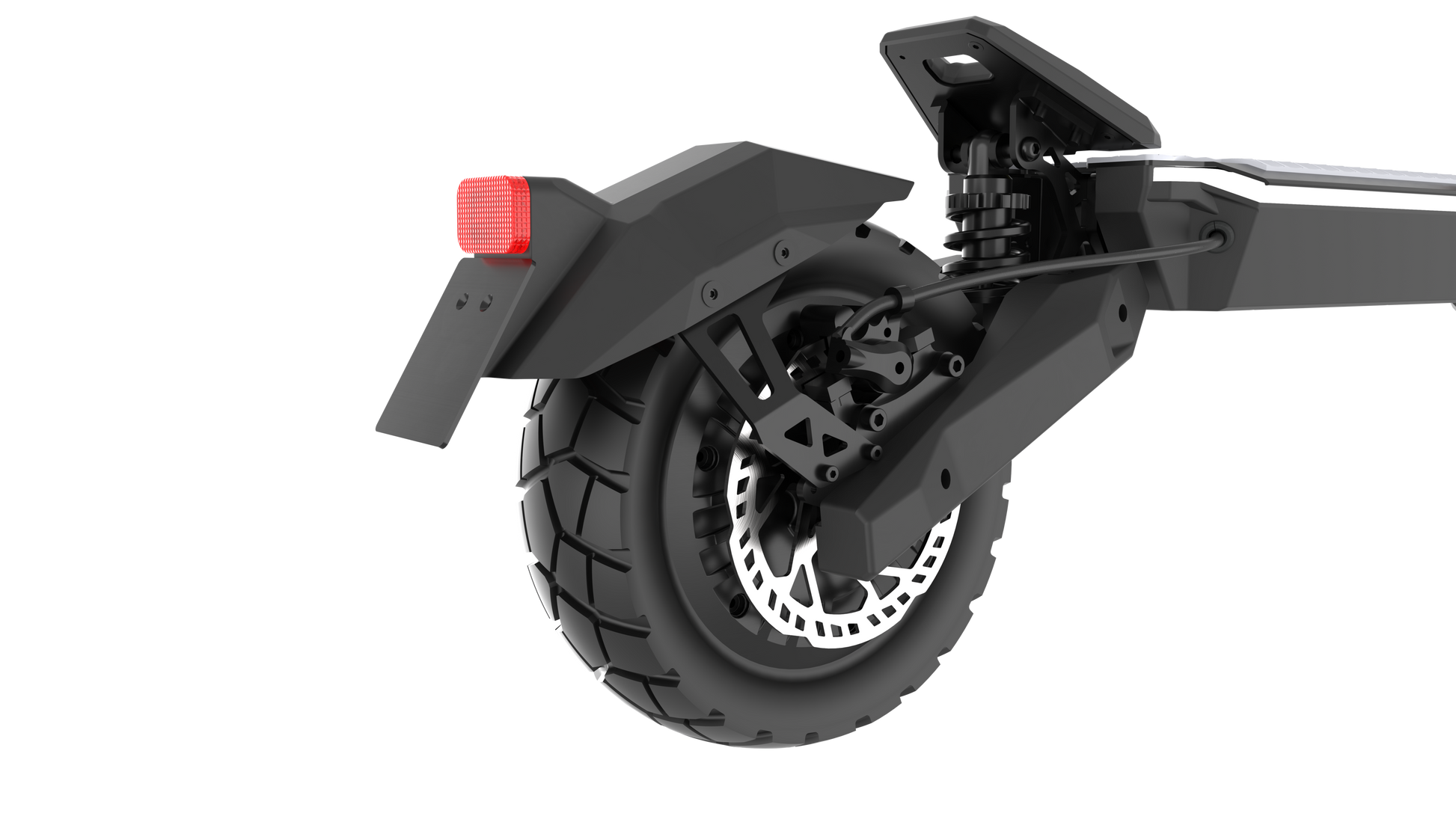 Black Punk Roamer Electric Scooter wheel with suspension fork on a white background