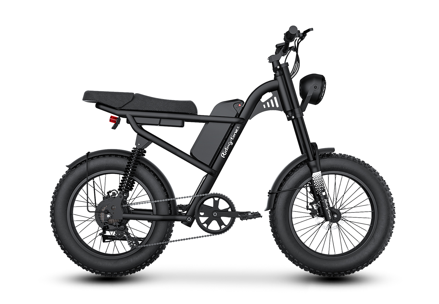 Riding’times Z8 Pro electric bike studio side view in black with dual batteries and rear rack