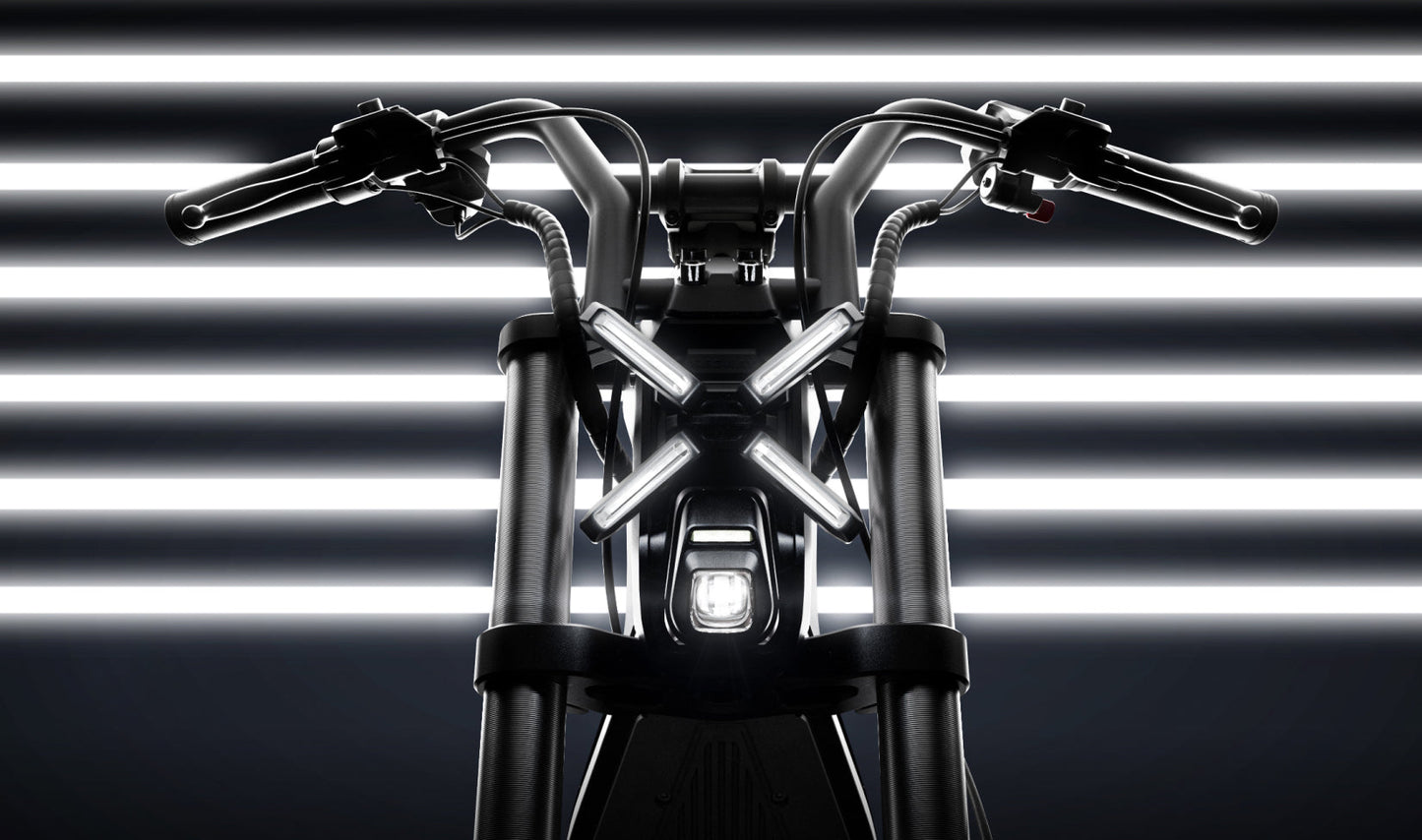 Motorcycle handlebar with headlight against a striped background