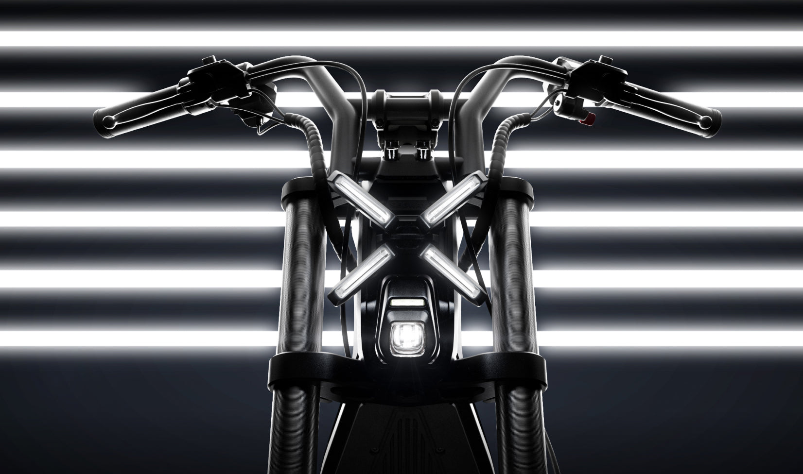 Motorcycle handlebar with headlight against a striped background