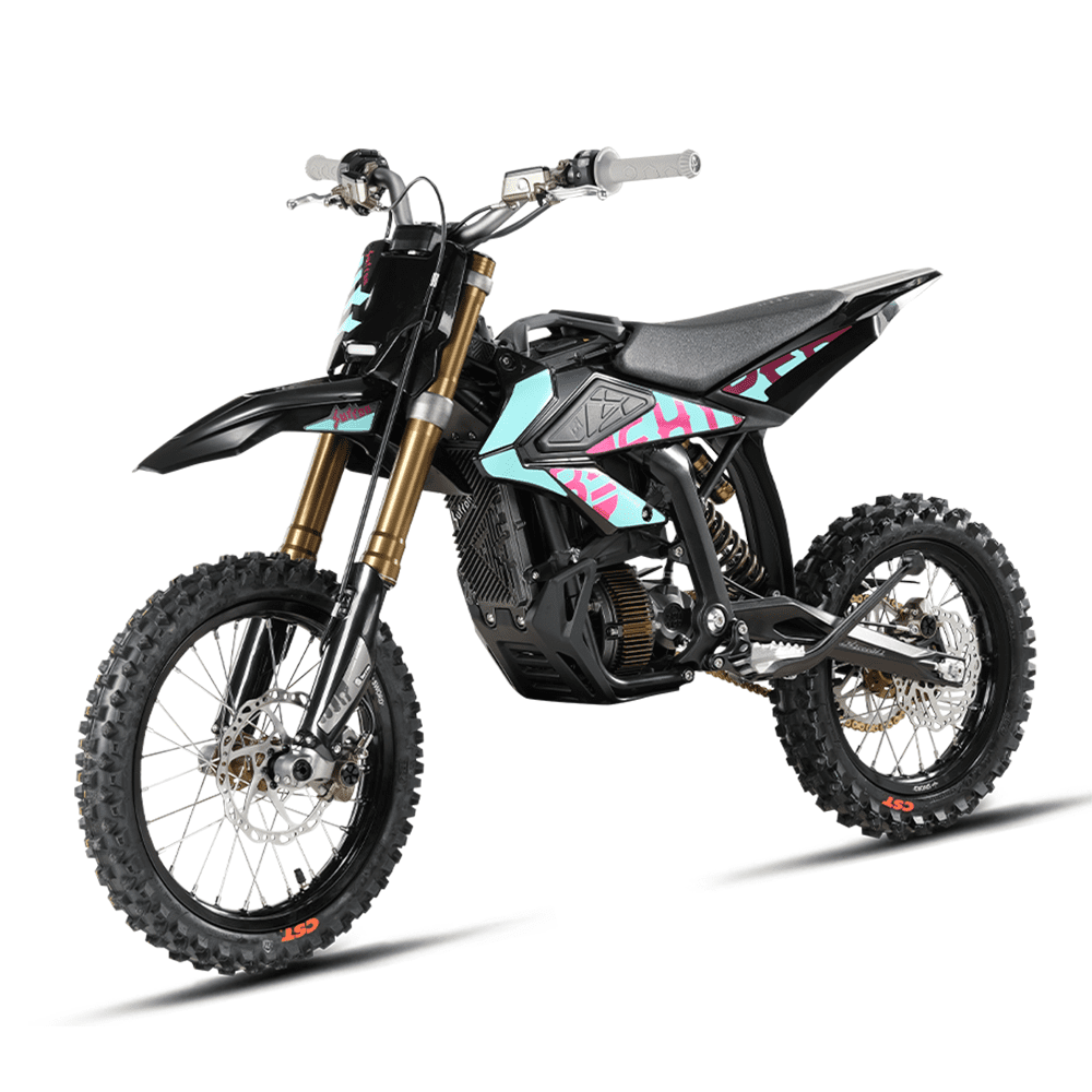 Black and gold dirt bike with pink and blue design on a white background
