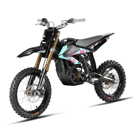 Black and gold dirt bike with pink and blue design on a white background