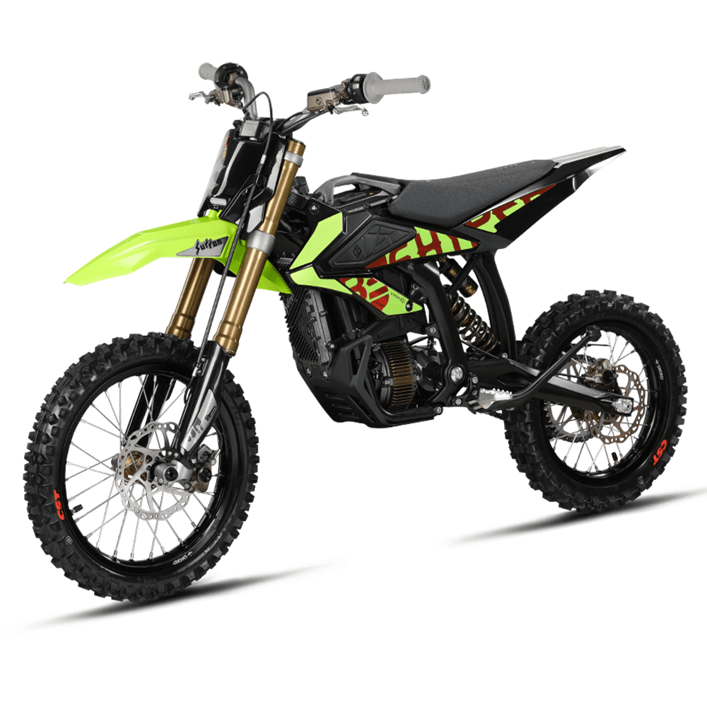 Green and black dirt bike on a white background