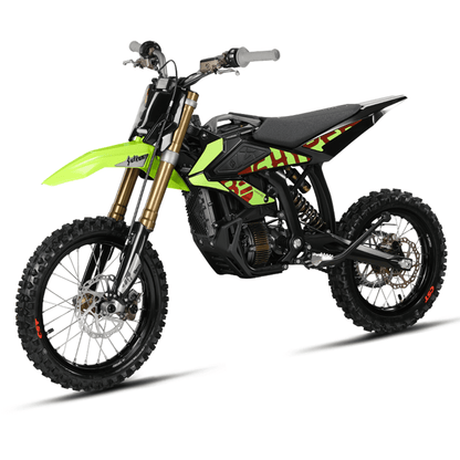Green and black dirt bike on a white background