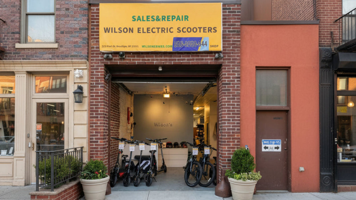 Wilson Electric Scooters sales and repair shop with electric scooters outside.